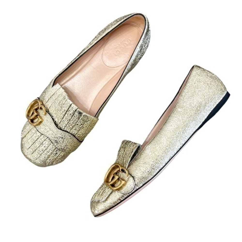 GUCCI Marmont GG Gold Leather Fringe Loafer Flats Size 36